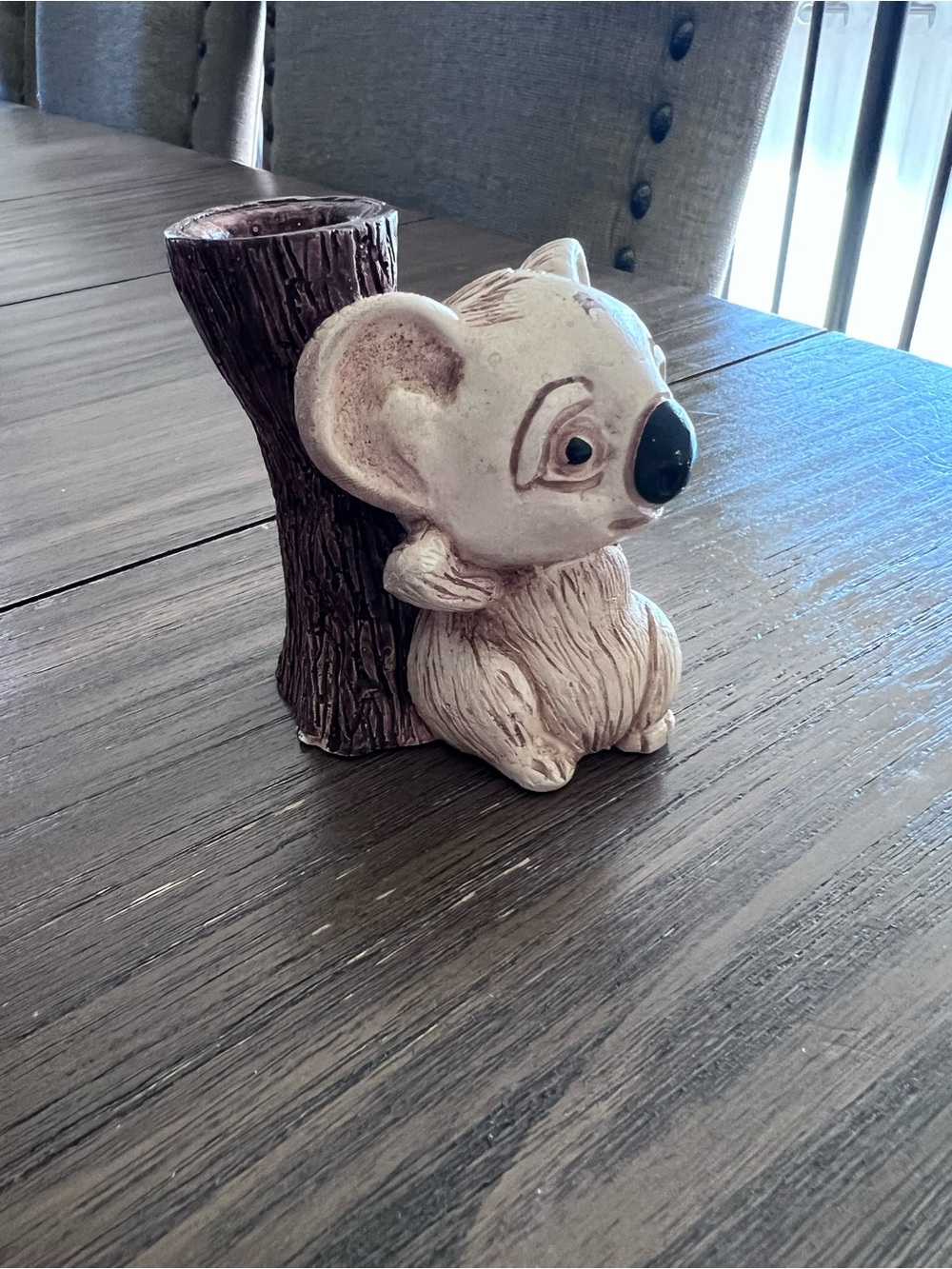 Vintage Resin Koala And Tree Stump Candle Holder 3D Effect Animal Print 4in